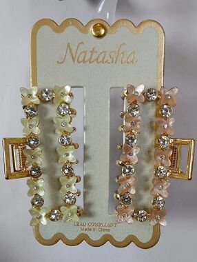 New Natasha Floral Crystal Hair Clips  Gold Green & Pink Summer Hair Accesories